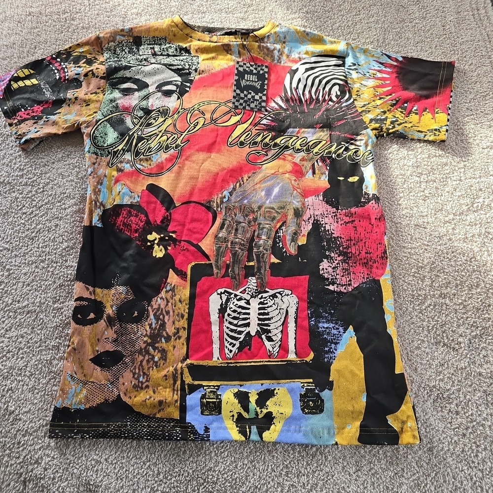 Rebel Vengeance Graphic T-shirt Men's M All-Over Print Streetwear Punk Art NWT